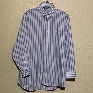 VanHeusen Men's Shirt White Blue Stripped 16 32/33 Long Sleeves Cotton Polyester